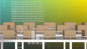 Animation of world map, multiple graphs and reports over cardboard boxes moving on conveyor belt. Digitally generated, vector, warehouse, shipping, distribution, infographic and technology. - Powered by Shutterstock - Get 15% off with code: PIKWIZARD15