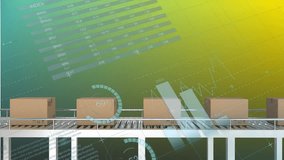 Animation of multiple graphs and reports over cardboard boxes moving on conveyor belt. Digitally generated, vector, warehouse, shipping, distribution, infographic and technology. - Powered by Shutterstock - Get 15% off with code: PIKWIZARD15