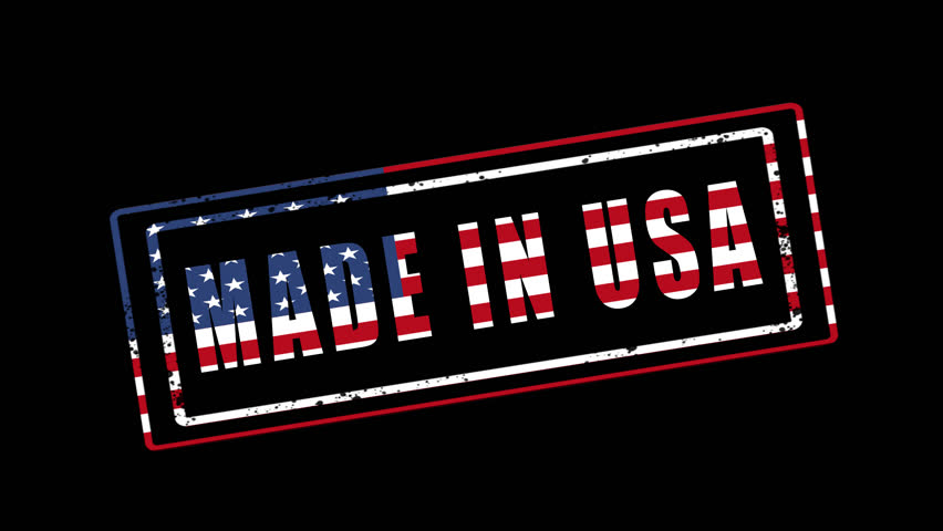 Animation of made in Usa stamp isolated from alpha channel.3d.Made in Usa is a merchandise mark indicating that a product is all planned, manufactured and packed in the Usa.United states flag