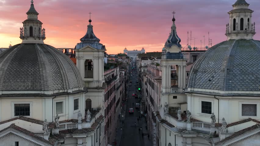 The domes of Piazza del Popolo. Spectacular aerial shot with drone, at dawn in Rome. Italy.
The main tourist monuments of the city center of Rome seen from the drone. Royalty-Free Stock Footage #1100960537