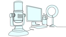 Streamer studio self-drawing by single line on white screen. Animation concept of a microphone, a computer and a round ice lamp. Stock 4K video broadcast with alpha channel for whiteboard. - Powered by Shutterstock - Get 15% off with code: PIKWIZARD15