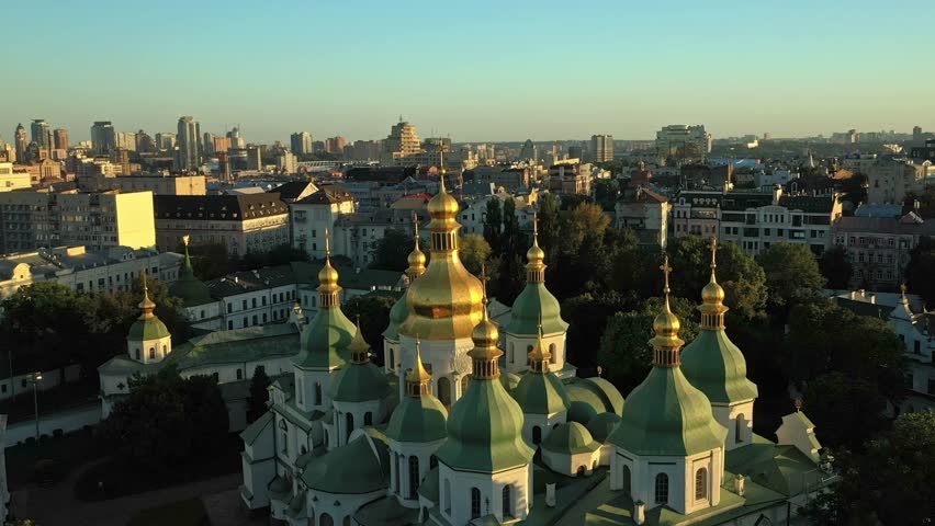 Beautiful view of St. Sophia Cathedral in the rays of the setting sun. Temple built in the first half of the 11th century in the center of Kyiv.