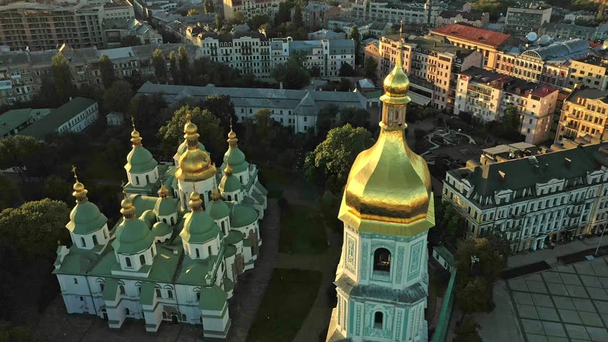 Beautiful view of St. Sophia Cathedral in the rays of the setting sun. Temple built in the first half of the 11th century in the center of Kyiv.