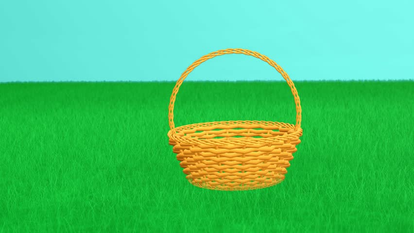 eggs fall from the sky onto the green grass and a nearby basket, 3d animation. rain of Easter eggs. Colorful easter eggs. bright and colorful Easter scene. Easter Egg Hunt