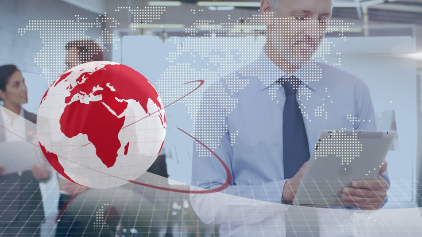 Animation of globe and data processing over caucasian businessman writing. Global business, finances, computing and data processing concept digitally generated video.