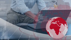 Animation of globe and data processing over asian businessman using laptop. Global business, finances, computing and data processing concept digitally generated video. - Powered by Shutterstock - Get 15% off with code: PIKWIZARD15