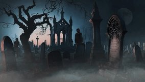 Dark Fantasy Cemetery at Dusk with Zombies 4K features a stylized eerie cemetery with fog rolling and zombie silhouettes. - Powered by Shutterstock - Get 15% off with code: PIKWIZARD15