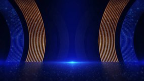 Beautiful luxury golden and blue curve line sparkling particles layer glittering. light flare stardust galaxy floor. dark blue background for Oscar award ceremony event,motion design,Loopable,LED,4K