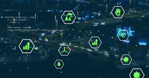 Animation of icons digital interface with data processing over city. Global digital interface, computing and data processing concept digitally generated video. - Powered by Shutterstock - Get 15% off with code: PIKWIZARD15