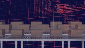 Animation of financial data processing over boxes on conveyor belts. Global shipping, business, finances, computing and data processing concept digitally generated video. - Powered by Shutterstock - Get 15% off with code: PIKWIZARD15