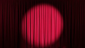 Theater stage with red velvet curtains and spotlights. Looping animation, 4k