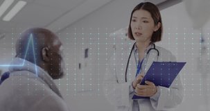 Animation of medical data processing over asian female doctor with male patient. Global medicine, healthcare, digital interface, computing and data processing concept digitally generated video.