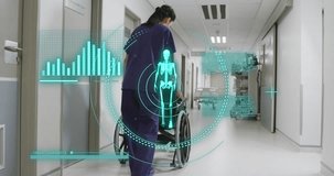 Animation of data processing over biracial female doctor with patient in wheelchair. Global medicine, healthcare, digital interface, computing and data processing concept digitally generated video.