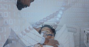 Animation of dna strand and data over african american male doctor with boy patient. Global medicine, healthcare, digital interface, computing and data processing concept digitally generated video.