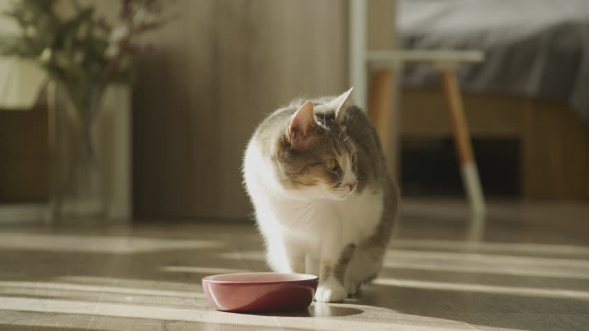 Domestic cat eating food, tabby short hair feline tasting meal Royalty-Free Stock Footage #1100966445