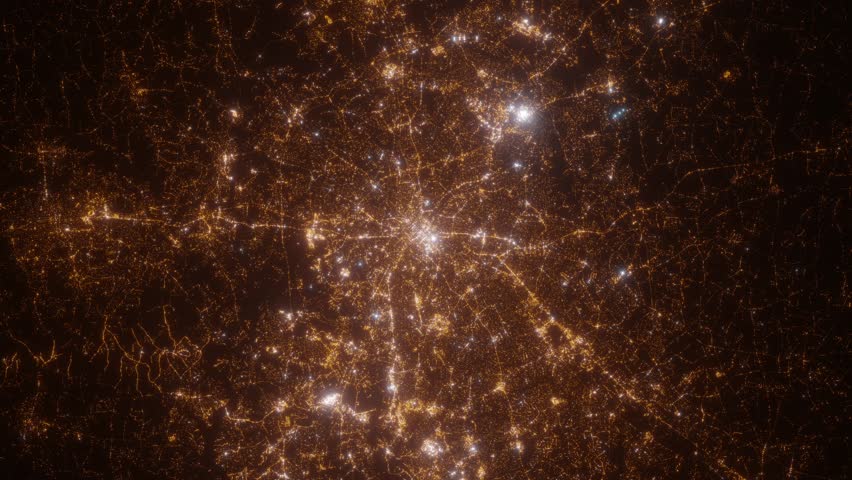 Charlotte (North Carolina, USA) aerial view at night. Top view on modern city with glow effect. Camera is zooming out, rotating counterclockwise