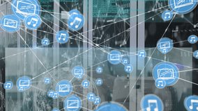 Animation of connected icons, dots forming shapes, multiple infographic interface on server room. Digital composite, multiple exposure, communication, globalization, coding, network server concept. - Powered by Shutterstock - Get 15% off with code: PIKWIZARD15