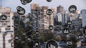 Animation of network of digital icons against aerial view of cityscape. Global networking and business technology concept - Powered by Shutterstock - Get 15% off with code: PIKWIZARD15