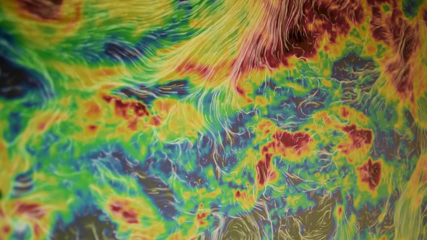 Moving camera shot of a computer screen. Weather satellite view map. Precipitations, temperatures, air pressure. Meteorology live view countries continents.