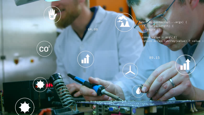 Animation of data processing and icons over caucasian male engineer soldering electric circuit board. Electronics repair service and technology concept - Powered by Shutterstock - Get 15% off with code: PIKWIZARD15