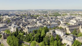 Inscription on video. Luxembourg, Historical city center in the morning. Arises from blue water, Aerial View