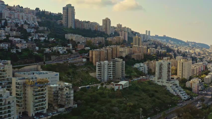 Haifa skyline Carmel panoramic aerial, industrial port, drone view, 4k Israel
