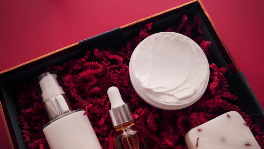Beauty box subscription package and luxury skincare products, spa and cosmetic body care product background, wellness cosmetics as holiday gift, online shopping delivery. Royalty-Free Stock Footage #1100976915