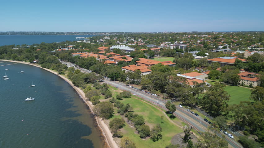 Aerial video of the campus of University of Western Australiain Perth Royalty-Free Stock Footage #1100977889