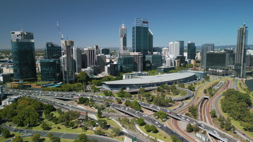 Aerial video of Perth city and highway traffic in Australia Royalty-Free Stock Footage #1100977891