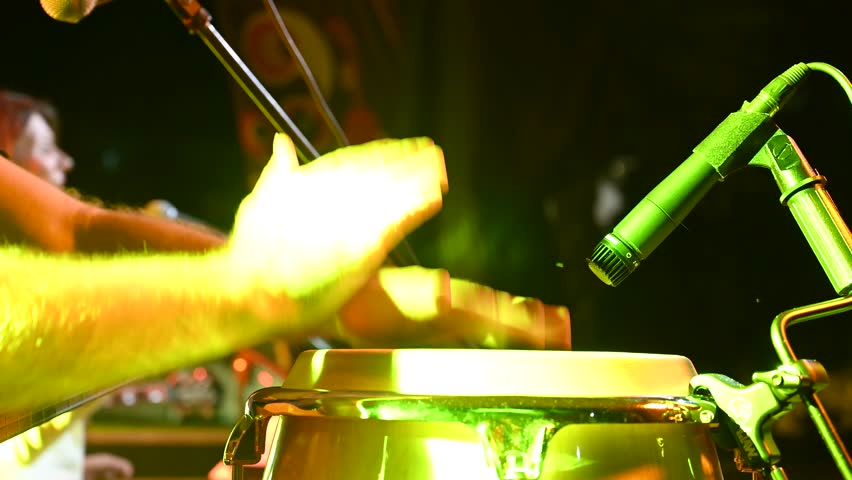 Conga drummer playing at stage on festival with band. Congo player performs on concert. Percussion instrument. Congas. Musician's hands playing music.  | Shutterstock HD Video #1100978765