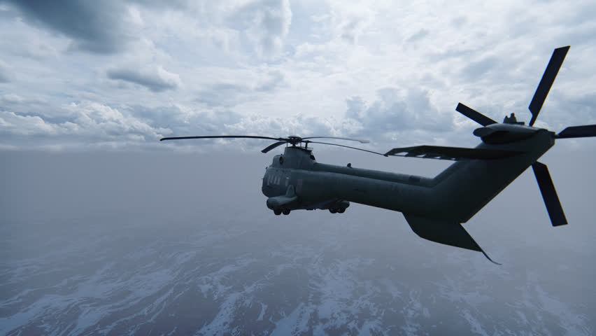 Helicopter Flying Over The Snowy Mountains