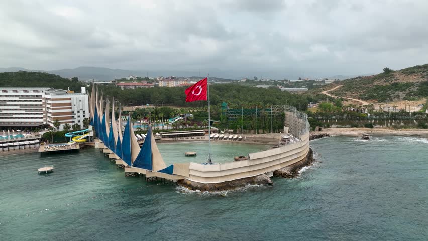 Turkish flag aerial view 4 K Turkey Alanya Summer time