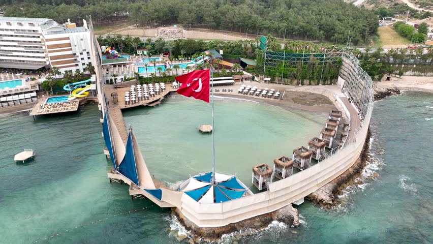 Turkish flag aerial view 4 K Turkey Alanya Summer time