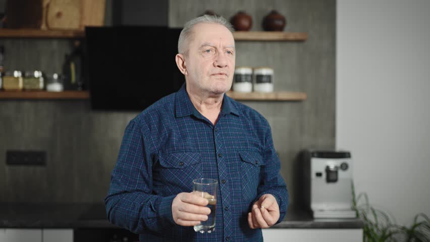 An elderly man takes medication and drinks it with a glass of water. A pensioner in his kitchen, drinking pills