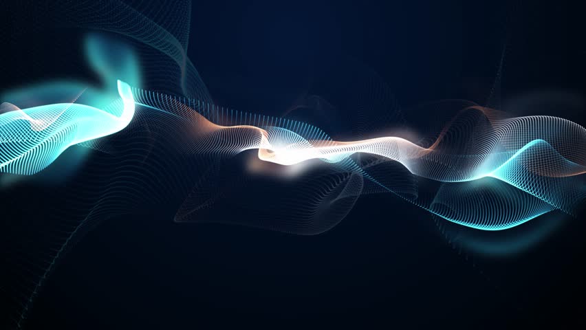 Abstract Digital Glowing Blue Particle Wave Background, Particle Wave Floating In The Air On Dark Black Background. High Tech Glowing Particle Moving , Digital Data Technology Connection Background.