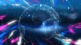 Animation of blue and pink lights moving fast over data processing and globe. global data processing and technology concept digitally generated video. - Powered by Shutterstock - Get 15% off with code: PIKWIZARD15