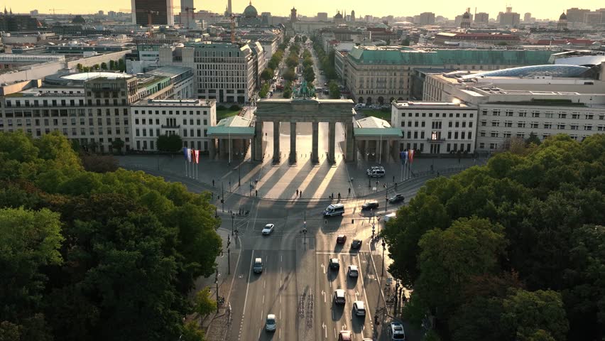 Aerial View of Brandenburg Gate (Brandenburger Tor) in the morning sunrise  - monument in Berlin, Capital of Germany Royalty-Free Stock Footage #1100983765