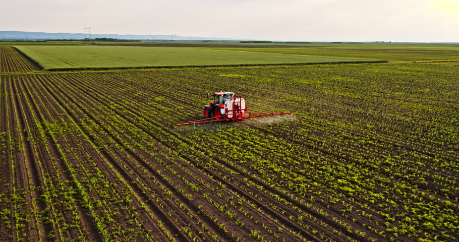Farmer in tractor spraying industrial green corn maize farm field. Royalty-Free Stock Footage #1100984461