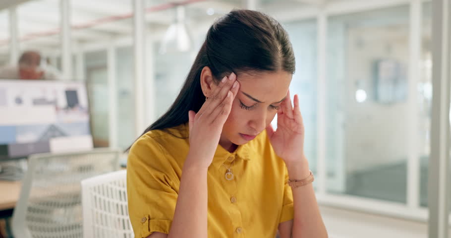 Stress, headache and tired business woman in office with pain, mental health problem and health risk. Fatigue, anxiety and burnout creative worker or employee with migraine thinking of fail or error Royalty-Free Stock Footage #1100990163