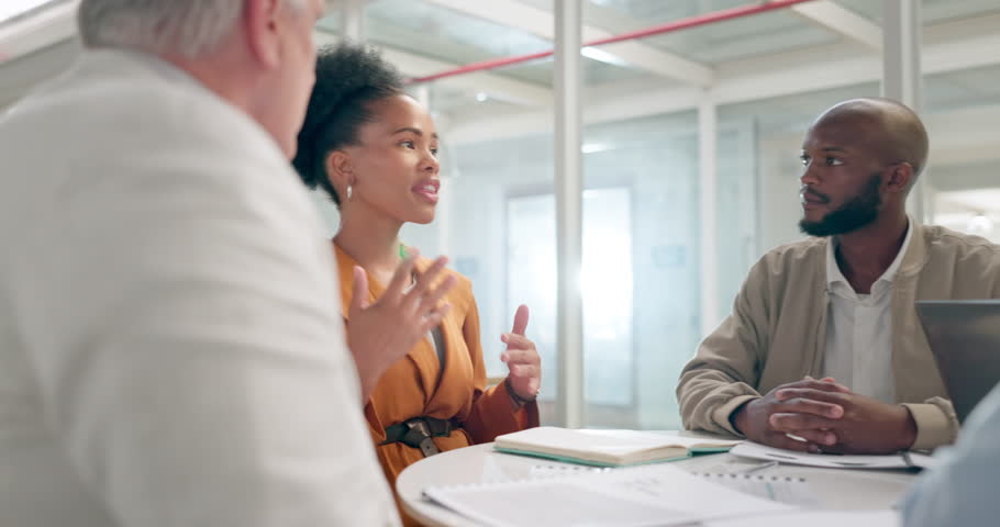 Talking black woman, meeting or teamwork collaboration in digital marketing training, education or branding learning. Mentor, business people or creative designer diversity in goals strategy planning | Shutterstock HD Video #1100990169