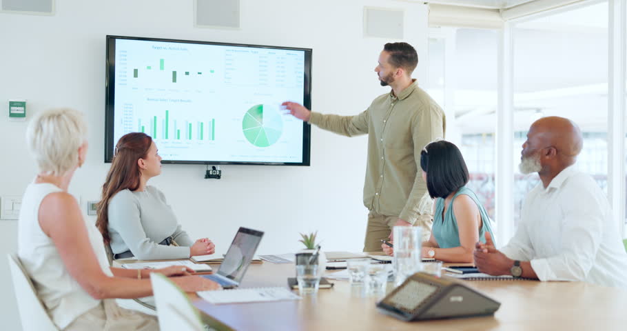Marketing presentation, data analysis and business people meeting, planning and working on company research. Investment strategy, results and businessman talking about agency analytics in a seminar | Shutterstock HD Video #1100990421