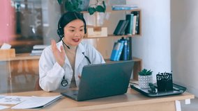 Video call, healthcare support and doctor woman telehealth service, thyroid exam and virtual consultation. Medical asian professional consulting on laptop, webinar or call center for help and advice