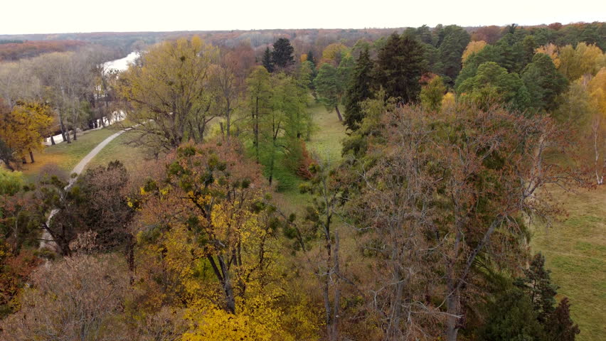 Panoramic view of large natural park with trees with yellow green red dry fallen leaves, river, meadow and people walking dirt park paths on autumn day. Beautiful nature background. Lifting up rising