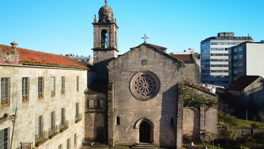 Aerial view of Convent of San Francisco, Pontevedra, Galicia, Spain. High quality 4k footage