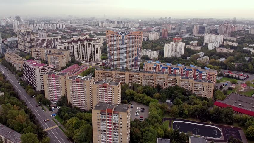Application shot for a green picturesque sleeping area of the south of Moscow. Aerial view of the modern quarter of the metropolis of Moscow