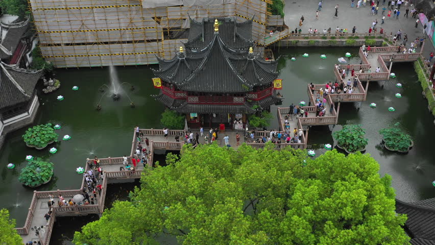 Aerial Panning Shot Of People At City God Temple In Yu Garden - Shanghai, China