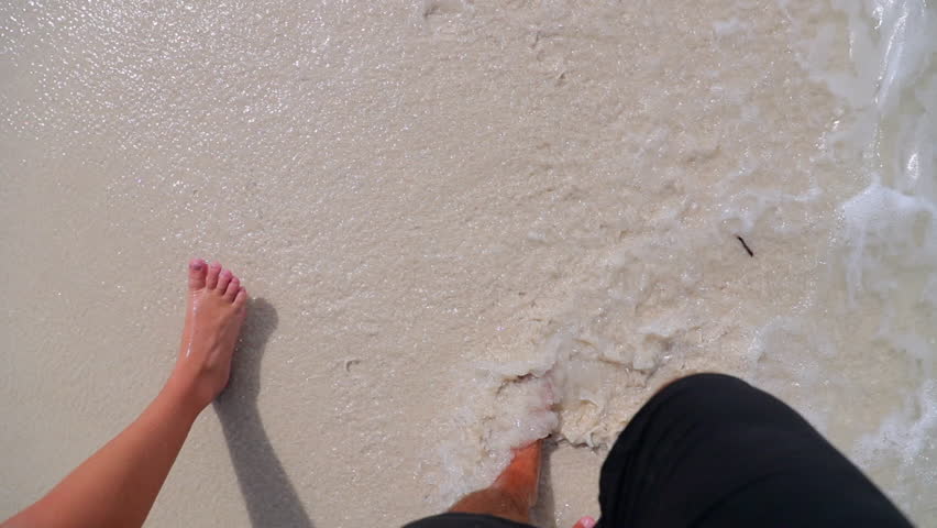 Man And Woman Walking Together Barefoot On Coastline At Beach During Vacation - Thulusdhoo, Maldives