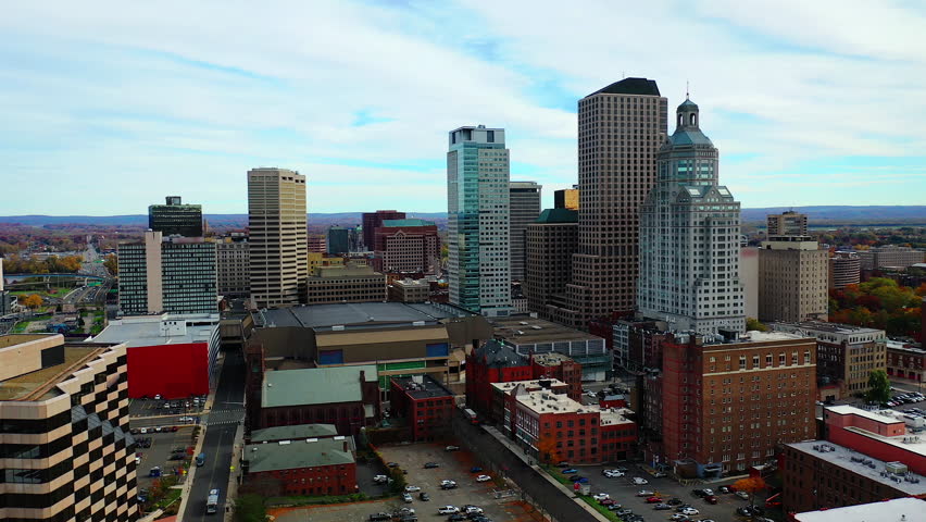 Aerial view of downtown Hartford, Connecticut, United States 4K
