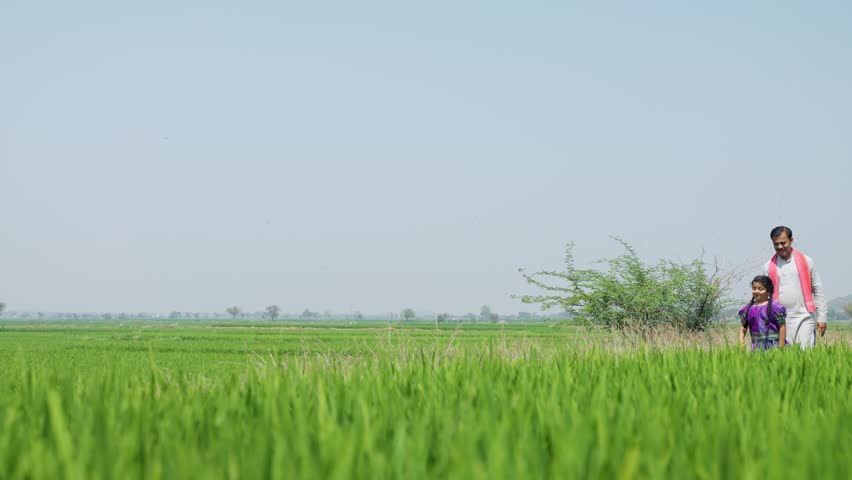 Happy playful kid with villager farming father at farmland - concept of freedom, rural India and caring father Royalty-Free Stock Footage #1100998253