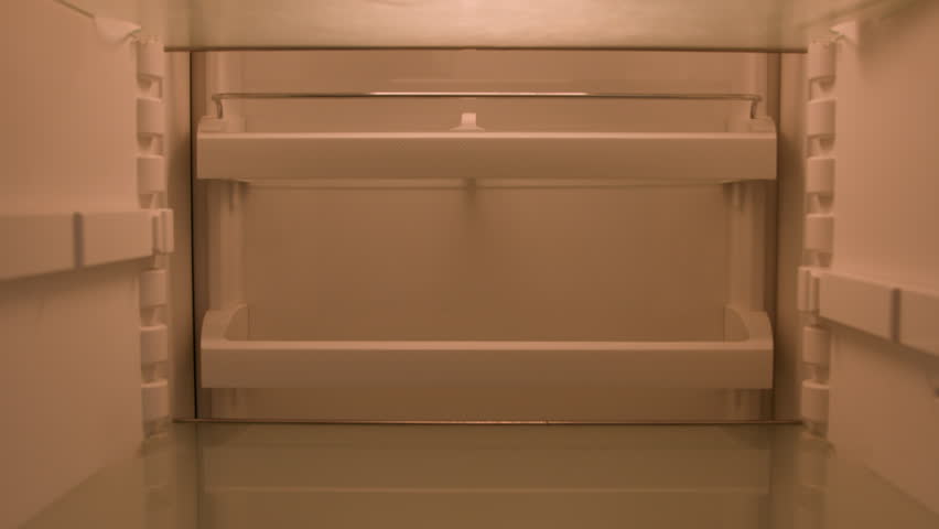 Point of view POV inside refrigerator Caucasian hungry man male homeowner householder unemployed guy bachelor open fridge at kitchen unhappy sad with empty shelves have noting to eat food delivery Royalty-Free Stock Footage #1100999085